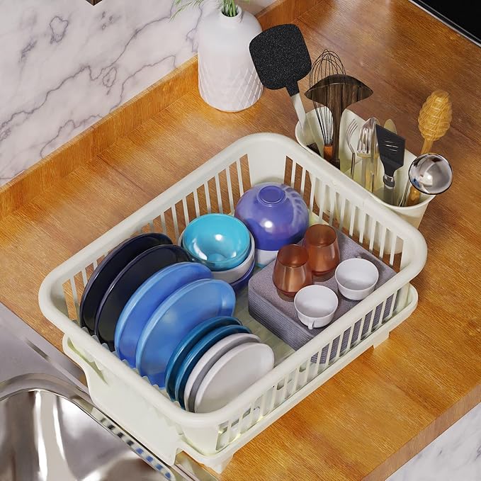 3pc Large Dish Drying Rack, Space Saving Dish Rack for Kitchen Counter, Plastic Dish Rack with Cutlery Holder and Dish Drainer