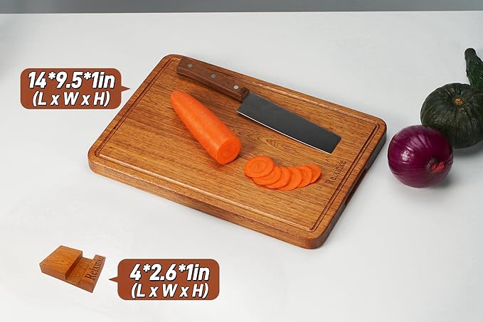Solid Teak Wood Cutting Board One Piece Non Glued Thick Crack Resistant Wooden Chopping Board with DeepJuice Grooves Built in Handles for Kitchen Meat Vegetables Chese 14 X 9.5 Inch