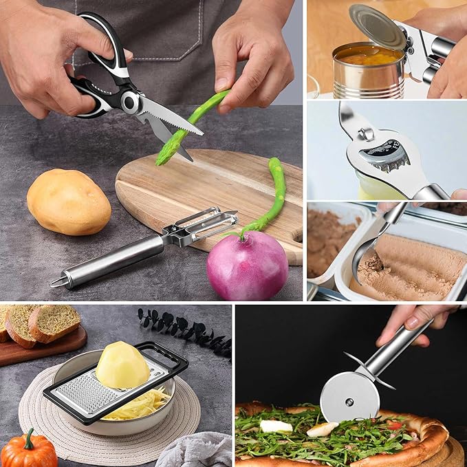Stainless Steel Cooking Utensils Set, LIANYU 31-Piece Metal Kitchen Tools with Holder, Heat Resistant Kitchen Utensil for Cooking, Non-toxic Kitchenware Include Skimmer Turner Spatula, Dishwasher Safe