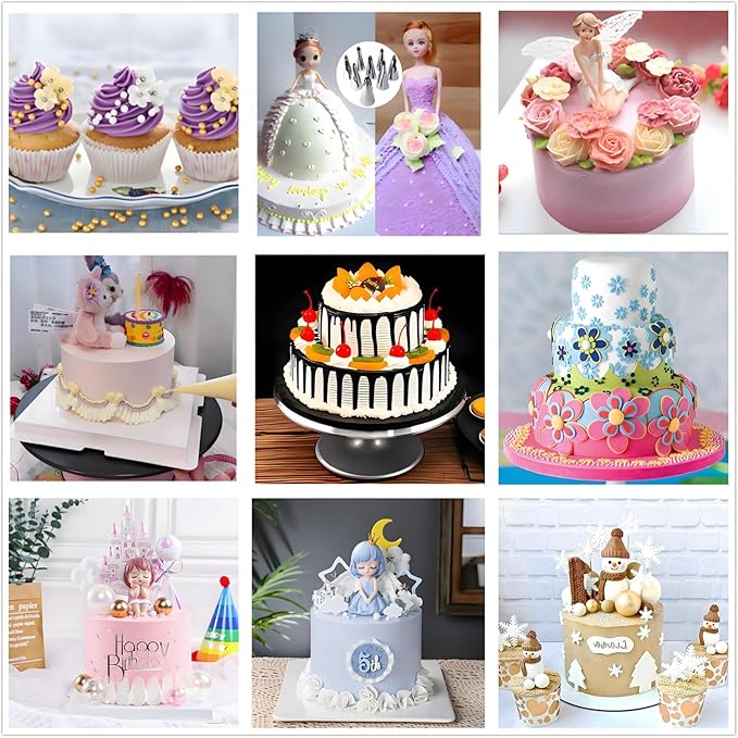 393 Pcs Cake Decorating Kit,with Aluminium Cake Turntable,Leveler,55 Numbered Icing+Skirt Tips,2 Spatulas,3 Scrapers,5 Coupler,100 Pastry Bags,150 Paper Cupcake Liners & More Baking Tools