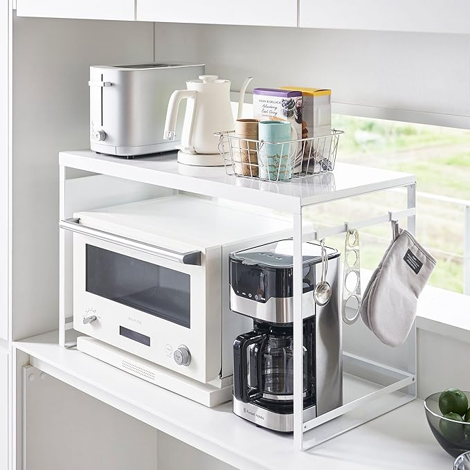 YAMAZAKI Home Kitchen Appliance Rack, Microwave Stand With Steel Side Panel, Adjustable Shelves, Hooks & Storage For Countertops, Small Kitchen Organizer, Modern Minimal Design - Steel