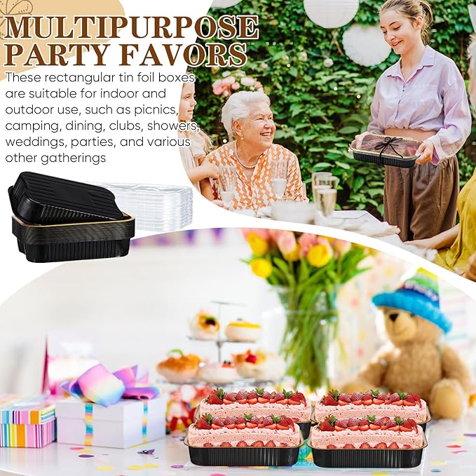 20 Sets 9 x 13 Inch large Loaf Cake Pans with Lids and Spoons Rectangle Aluminum Foil Bread Loaf Baking Pans Disposable big Cake Tins with Clear Plastic Bags and Ribbon, Black Gold, 118.3 oz