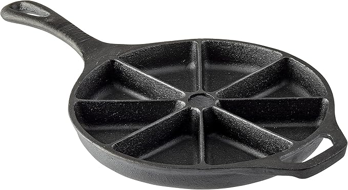 TableCraft 10750 Cast Iron Round Corn Bread Skillet with Handle, Pre-Seasoned 8-Wedge Divided Design, 8.75” Diameter x 15.625” Length – Bake Cornbread, Cakes, Frittatas & More – Durable, Even Heating