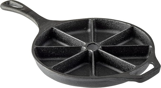 TableCraft 10750 Cast Iron Round Corn Bread Skillet with Handle, Pre-Seasoned 8-Wedge Divided Design, 8.75” Diameter x 15.625” Length – Bake Cornbread, Cakes, Frittatas & More – Durable, Even Heating