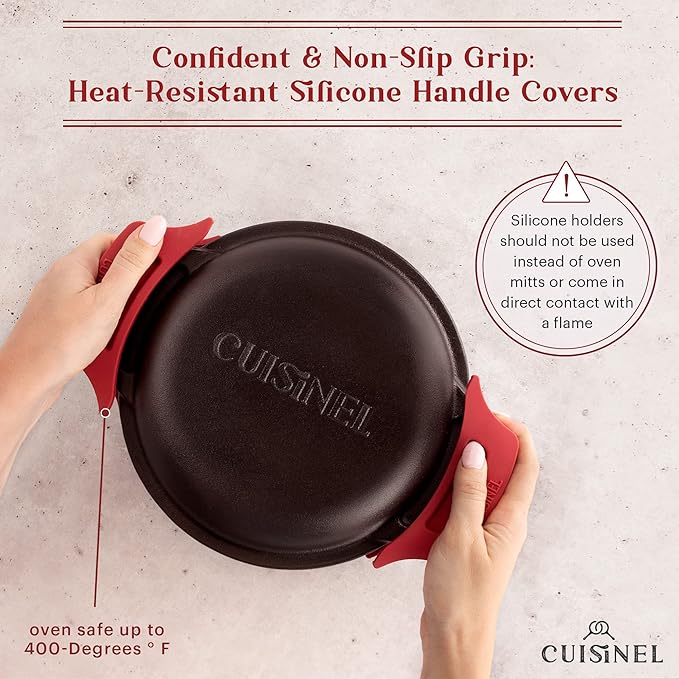 Cuisinel Cast Iron Dutch Oven - 3-Quart Deep Pot - Pre-Seasoned 2-in-1 Multi-Cooker - Combo Lid Doubles as 8"-inch Skillet + Silicone Handle Covers + Scraper - Use for Baking Bread. PFAS and PFOA-free