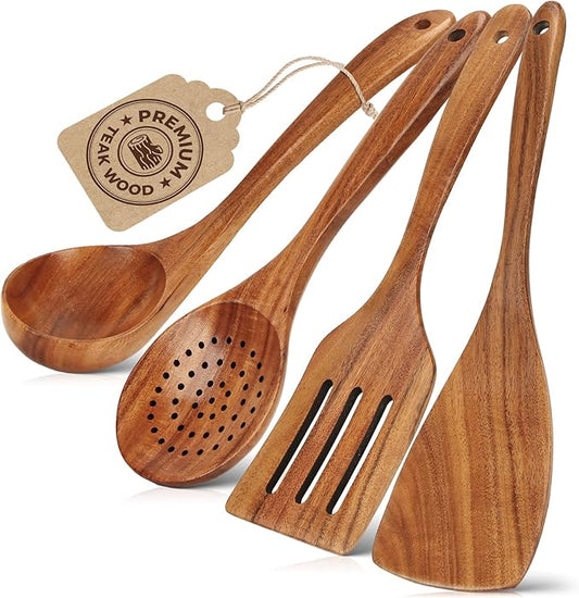 Natural Teak Wood Cooking Utensils Set - 4pcs Wooden Spoons for Cooking with Ladle, Spatula, and Slotted Spoon, Premium Kitchen Tools for Chefs