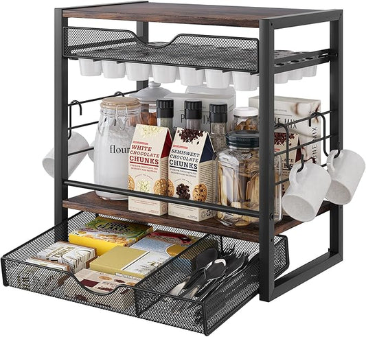 TQVAI Coffee Bar Organizer for Countertop 3-Tier 70 Capsules Coffee Station Organizer with Sliding K Cup Drawer & 4 Coffee Cup Hooks for Coffee Bar Accessories, Black