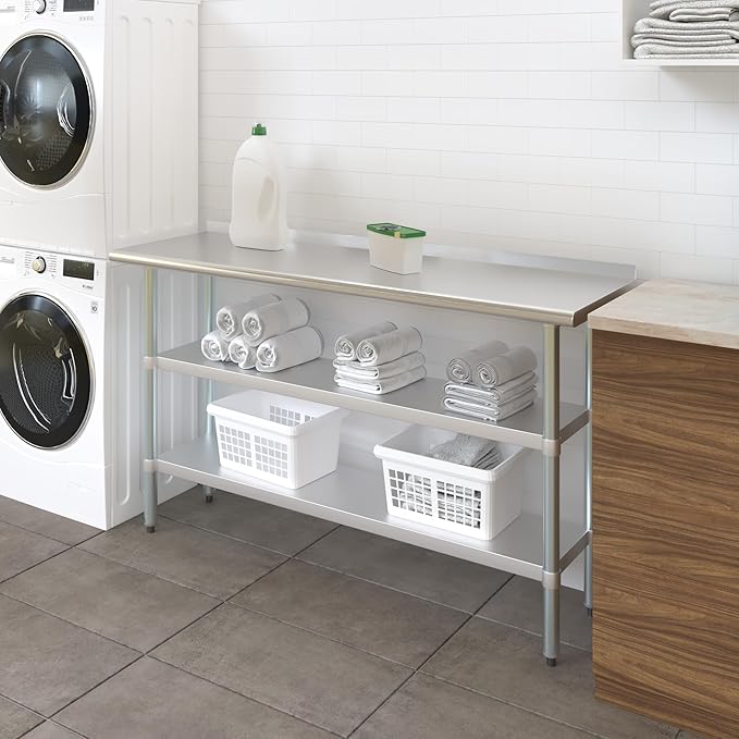 AmGood Stainless Steel Work Table with 1.5" Backsplash and 2 Shelves | Metal Kitchen Food Prep Table | NSF (60" Long x 18" Deep)