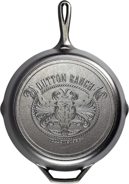 Lodge Pre-Seasoned Yellowstone Stamped Cast Iron Cookware - Signature Teardrop Handle - Use in the Oven, on the Stove, on the Grill, or Over a Campfire - 12 Inch Logo Skillet