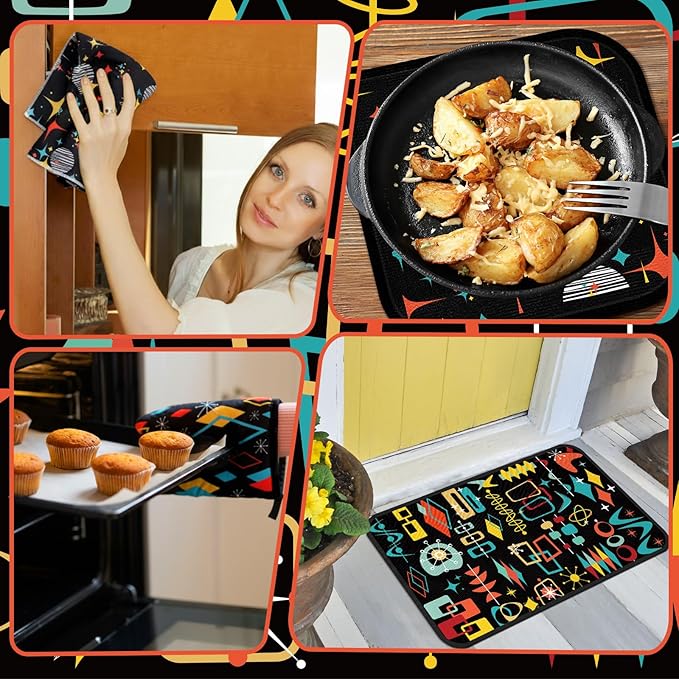 12 Pcs Retro Kitchen Decor Mid Century Oven Mitts and Pot Holders Set Mid Century Kitchen Dish Towels Vintage Abstract Geometric Potholders Rugs Mats for Black White Baking Cooking BBQ Gift