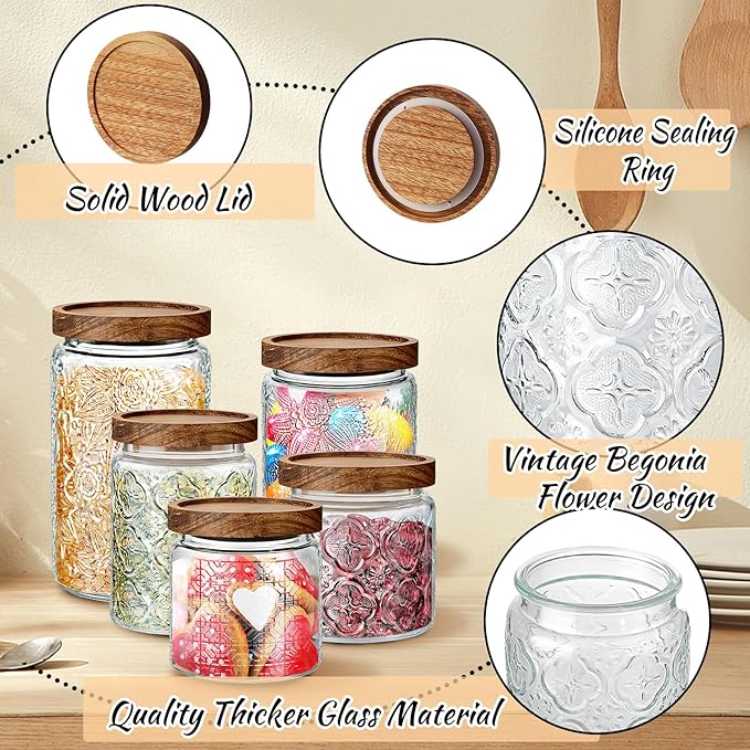 Gerrii 5 Pcs Vintage Glass Food Storage Containers 17/24/34 oz Glass Jar with Lid Airtight Candy Jar Food Canisters for Kitchen Counter Pantry Coffee Beans (Begonia, sunflower, window Grilles Round)