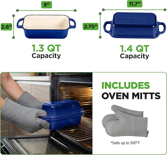 NutriChef 9x5" Enameled Cast Iron Loaf Pan with Lid, Enamel-Coated Baking Loaf Pan for Sourdough, Oven Safe, Nonstick Bread Pan with Silicon Gloves, Dishwasher Safe, Blue