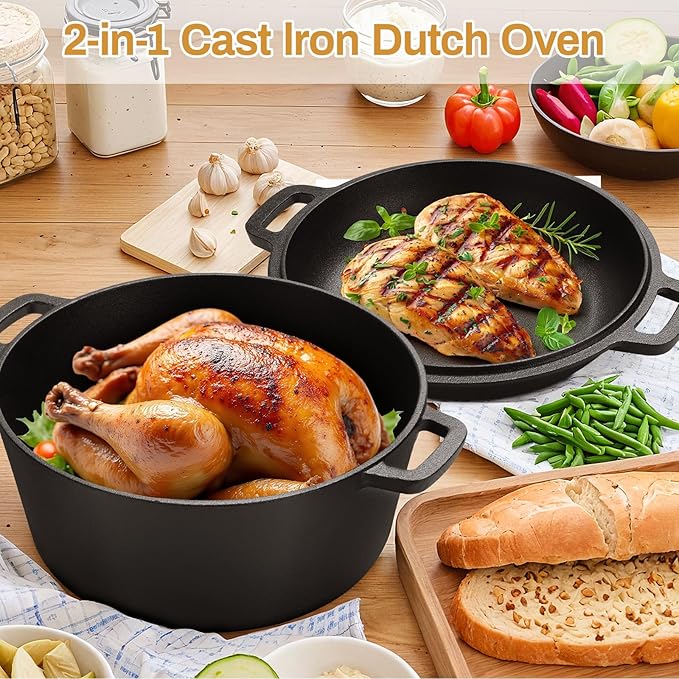 TLGREEN Cast Iron Dutch Oven Pot with Lid, Pot (6.7QT) and Lid as a Skillet(2.5QT) - Dutch Oven Cast Iron with Silicone Holders, Iron Stand, for Oven, Stove, Grill，Campfire