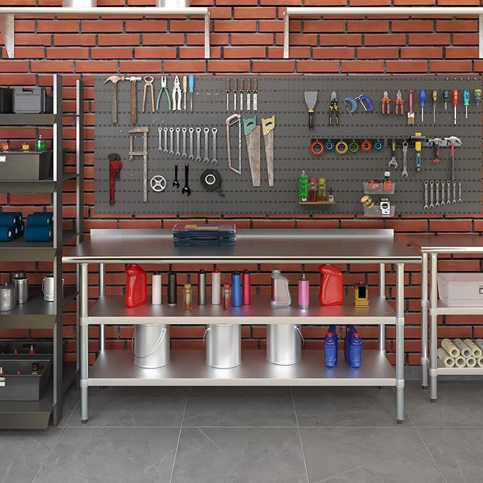 AmGood Stainless Steel Work Table with 1.5" Backsplash and 2 Shelves | Metal Kitchen Food Prep Table | NSF (72" Long x 24" Deep)