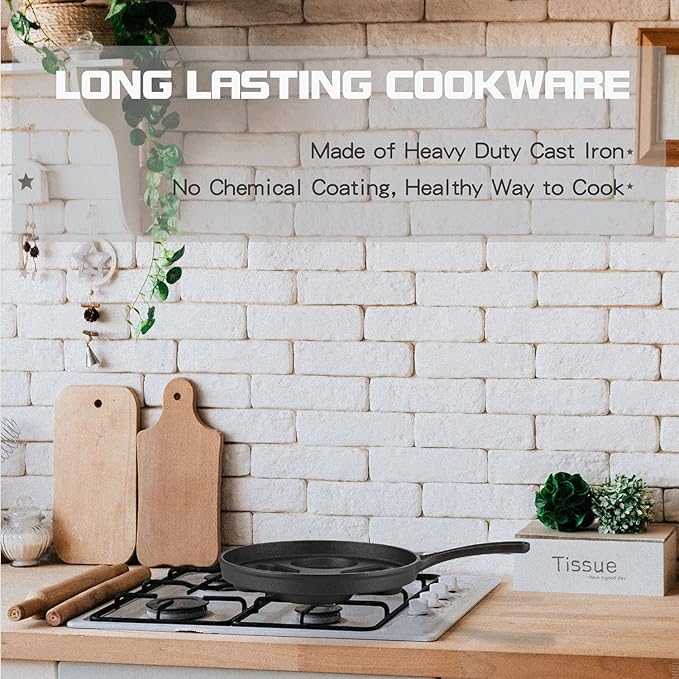4-Cup Cast Iron Fried Egg Pan 9.5” Pancake Pan Burger Omelet Cooker Griddle Egg Skillet for Breakfast, Kitchen Cookware for Gas Stove & Induction Cooker