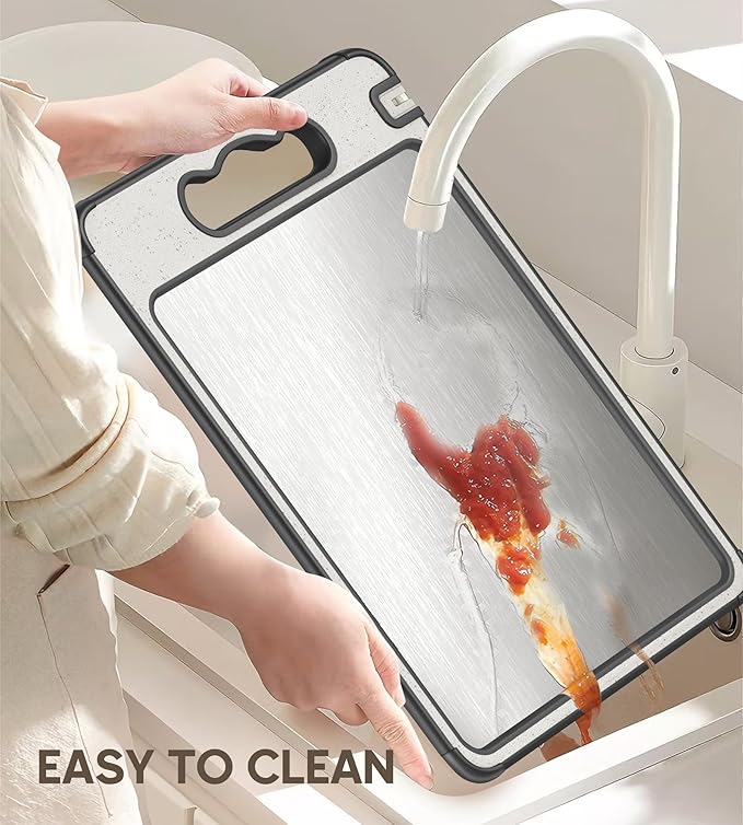 Double Sided 304 Stainless Steel & Wheat Straw Cutting Board, Non Toxic Chopping Board, Dishwasher Safe,16"*11"with 14.4"*9.8",2PCS