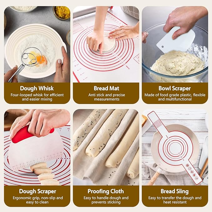 Aliggbent Silicone Banneton Bread Proofing Baskets, 10'' Oval & 9'' Round Foldable Sourdough Bread Baking Supplies 18Pcs Sourdough Starter Kit Easy-to-Clean Proofing Baskets for Sourdough Bread Baking