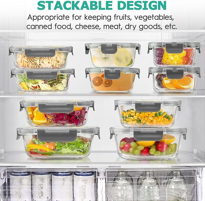 34pcs Glass Food Storage Containers with Lids Set, Airtight Glass Meal Prep Containers (17 Containers & 17 Lids), Leak Proof Lunch Container BPA-Free, Microwave, Oven, Freezer, Dishwasher Safe-Grey