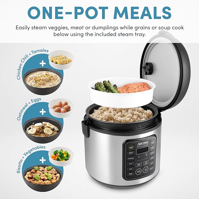 AROMA Professional Digital Rice Cooker, 10-Cup (Uncooked) / 20-Cup (Cooked), Multicooker, Slow Cooker, Steamer, Oatmeal Cooker, Egg Cooker, STS, 5 Qt, Black, ARC-5200SB
