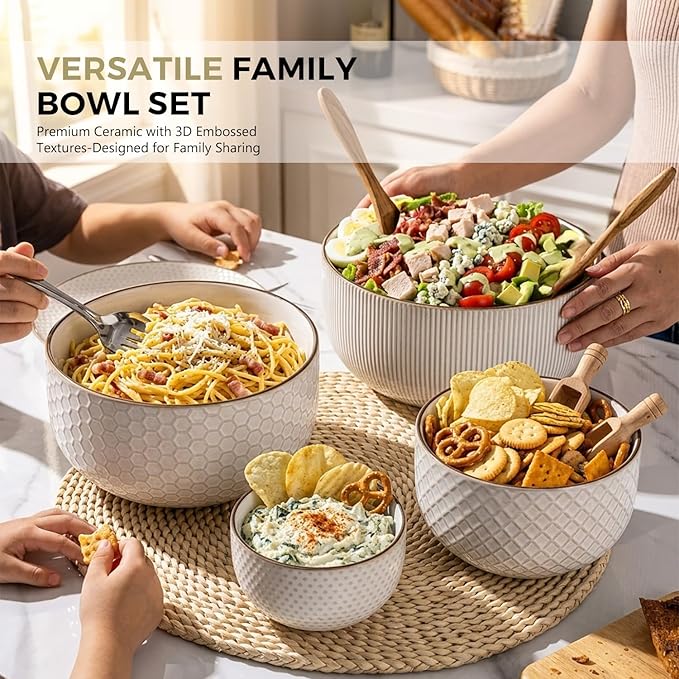 GBhome Ceramic Mixing Bowls Set, 20/45/105/150 oz, Stoneware Nesting Set of 4 embossed Kitchen Serving Bowls, Prep, Baking, Serving, Gift, Microwave and Dishwasher Safe, Dishware Collection-Off White