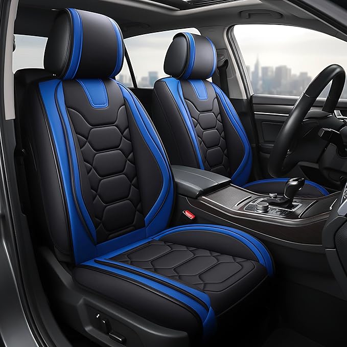 OASIS AUTO Car Seat Covers Front Seats, Sporty Honeycomb Waterproof Faux Leather Protectors, Universal Fit for SUV, Sedan, Truck Interior Accessories (OS-004 Black&Blue)