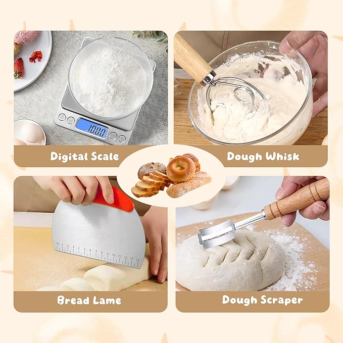 Sourdough Starter Kit，10 In and 11In silicone Banneton with Cloth Cover,Glass Sourdough Starter Jar,Dough Whisk, Bread Lame, Silicone Sling, digital scale for Bread Making Baking Fermentation