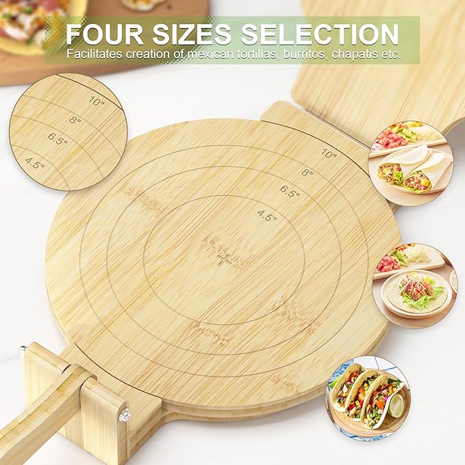 Tortilla Press 10 Inch - Bamboo Quesadilla & Roti Maker with Parchment Paper Sheets & Dough Cutter for Homemade Flour Corn Tortilla, Wood Tortillera Pataconera Tortilla Maker for Home Baking