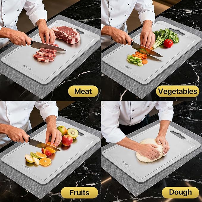 3pcs 100% Pure Titanium Cutting Boards with Juice Groove, Double-Sided Non-Toxic Chopping Boards for kitchen Meat, Vegetables and Fruits, Dishwasher Safe, Grey