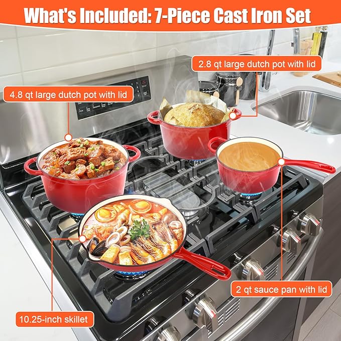 QuliMetal Nonstick Enameled Cast Iron Cookware Set, 7-Pcs Pots and Pans with Lid, Frying Pan Skillet, Sauce Pan, Healthy Round Dutch Oven Pot for Sourdough Bread Baking on All Stovetop, Rouge Red