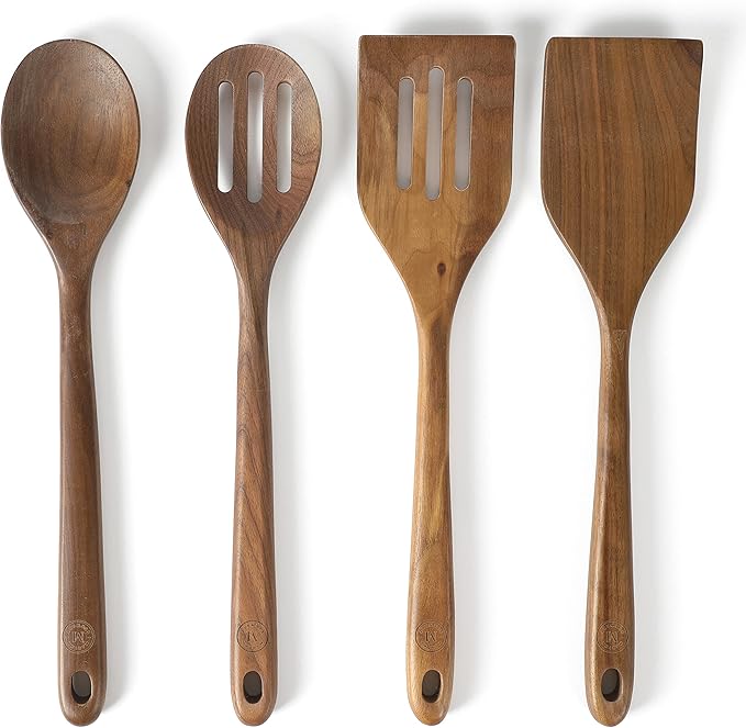 Martha Stewart Bainford 4-Piece Wooden Kitchen Utensil Set, Walnut – Cooking Spoons and Turner Tools for Nonstick Cookware, Heat Resistant, Durable Hardwood