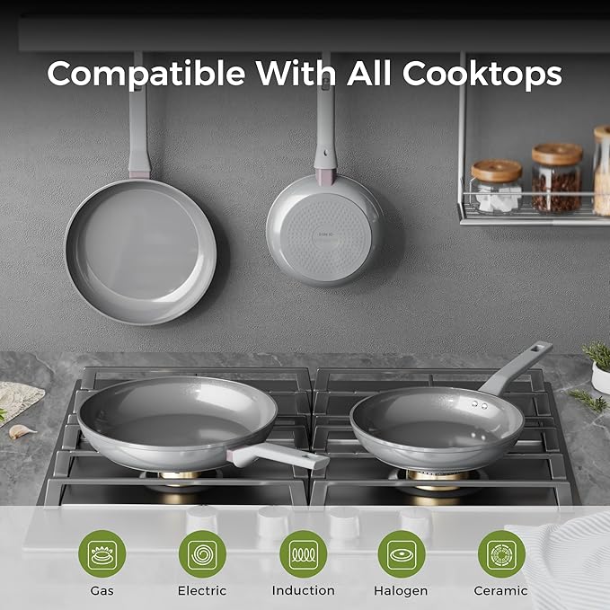 Sanho Diamond-Titanium Ceramic Nonstick Fry Pan Set, 10in & 12in Frying Pans, PFAS PFOA PTFE Free, Dishwasher Safe & Induction Compatible Cookware with Cool-Touch Handle, Gray