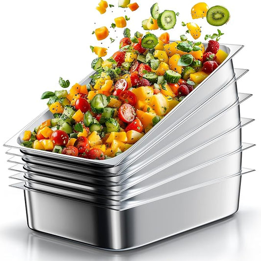 WantJoin Steam Table Hotel Pans 1/1 Full Size 4 Inch Deep 6 Pack, Stainless Steel Metal Tray Sets Food Storage Container for Restaurant Chafing Dishes Commercial Buffet Warmer Catering Supplies