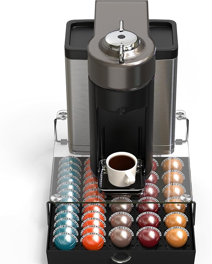 DecoBrothers Crystal Tempered Glass Vertuo Pod Holder Drawer, 30 Large or 60 Small Nespresso Capsule Organizer, Black