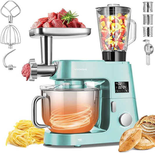 VIVOHOME 9 in 1 Multifunctional Stand Mixer with Fermentation, 6 Speed 7.5 Quart Kitchen Electric Food Mixer with Timer, Meat Grinder, Juice Blender, Vegetable Slicer, Pasta and Cookie Maker, Blue