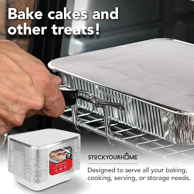 Stock Your Home Foil Pans with Lids - 9x13 Aluminum Pans with Covers - 20 Foil Pans and 20 Foil Lids - Disposable Food Containers Great for Baking, Cooking, Heating, Storing, Prepping Food Silver