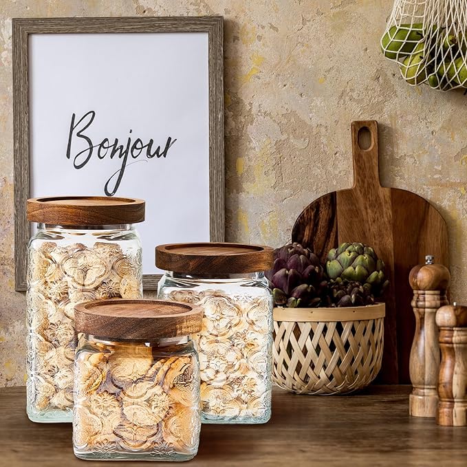Gerrii 5 Pcs Begonia Pattern Square Vintage Glass Food Storage Containers 17/24/34 oz Glass Jar with Lid Airtight Candy Jar Food Canisters for Kitchen Counter Pantry Coffee Tea Beans