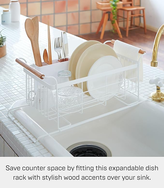 YAMAZAKI Home Tosca Over-The-Sink Dish Rack, Expandable, Plate Drying Organizer, with Cutlery Holder - Steel + Wood -