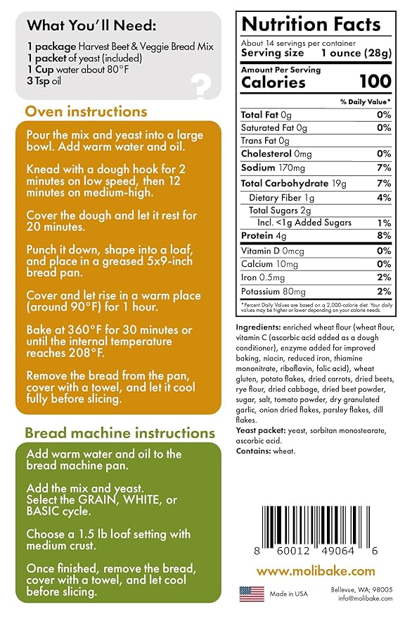 Molibake Harvest Beet & Veggie Bread Mix 15 oz Inspired by Borscht, Beet Bread Mix
