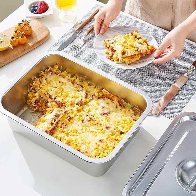 4 Inch Extra Deep Lasagna Baking Pan with Lid, 11x14 Inch 7.4QT Large Stainless Steel Nonstick Lasagna Baking Roasting Pans Casserole Dishes for Oven with Lids(M, 1 Pack)