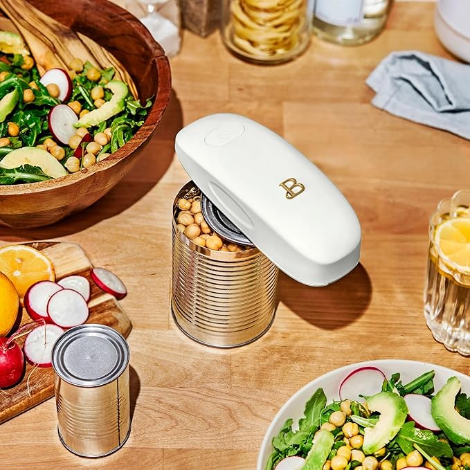 Beautiful by Drew Barrymore Battery Powered Electric Can Opener - Smooth Edge, No Sharp Edges, One-Touch Operation - Kitchen Gadgets, Kitchen Essentials for Seniors, RV Must Haves (White Icing)