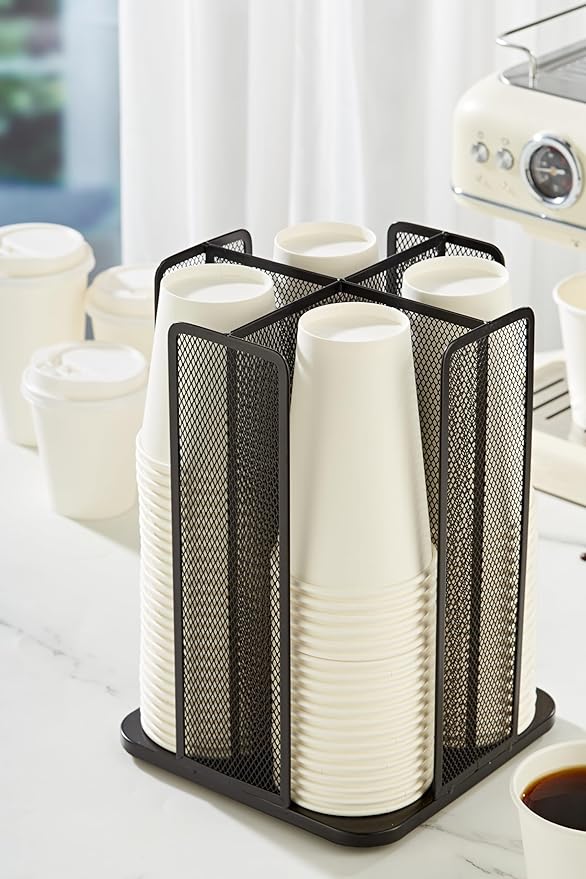 Annova Paper/Plastic Cup and Lid Holder Plastic Storage Organizer, 360°Rotating Coffee Mup Dispenser with 4 Compartments, Multifunctional Storage Rack for Home, Office, Bar, Coffee Shop (Black)