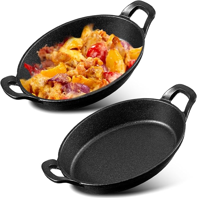 Mifoci 2 Pack Mini Cast Iron Fajita Skillet, 8.5" x 6.1" Oval Sizzling Steak Plate Pan Small Ramekin Set Black Casserole Dish for Stove Oven Grill Restaurant Kitchen Indoor Outdoor Picnic