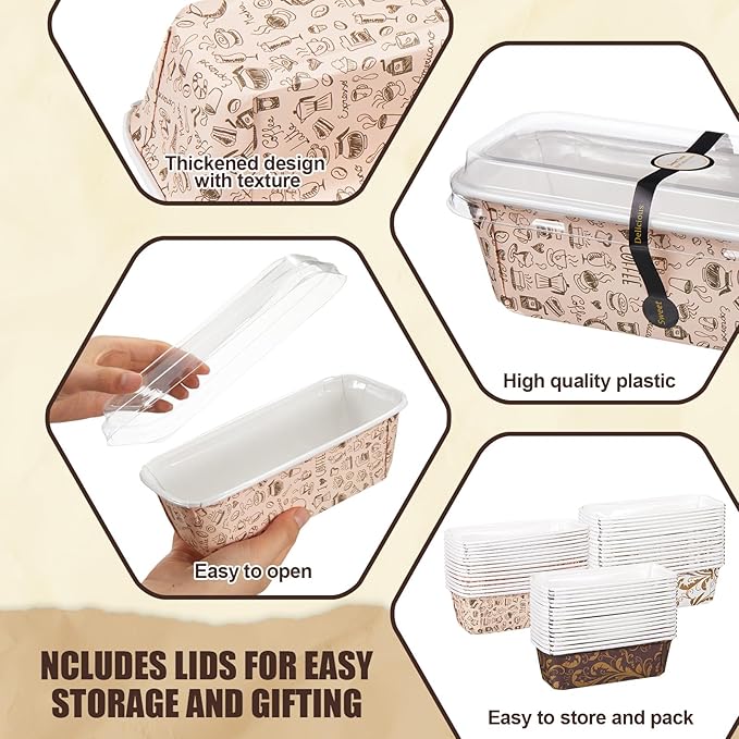 60 Pcs 6.3 x 2.1 x 2.1 Inches Paper Loaf Pan Disposable Paper Baking Pan with Lids for Cake Bread Oven Loaf Bakery Holiday Wedding Halloween Christmas Thanksgiving Gifts