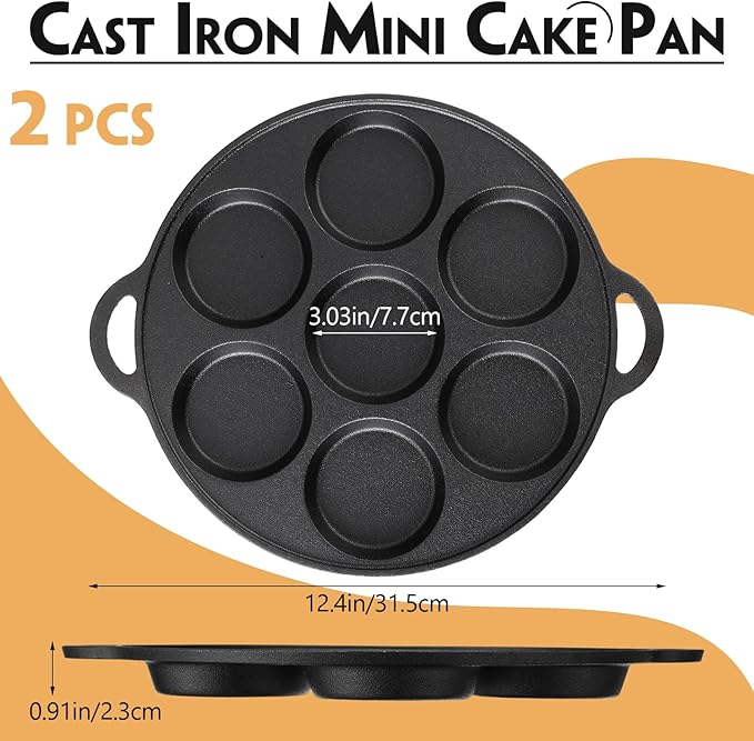 Tioncy 2 Pcs Cast Iron Biscuit Pan Cast Iron Muffin Seasoned Mini Cake Scone Donut Pie Pan for Baking, Egg, Corn Bread, Cupcakes & Dessert(Round Style)