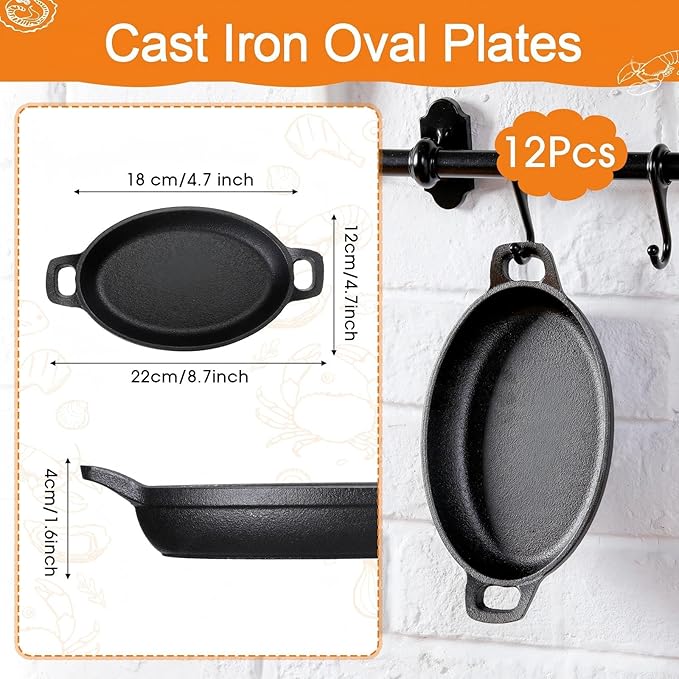 Mifoci 12 Pcs Oval Serving Dish Mini Cast Iron Skillet Cast Iron Baking Pan Sizzling Plate Matte Black Gratin Cookware for Home Restaurant Kitchen Food Service Barbecue (7.1" X 4.7")