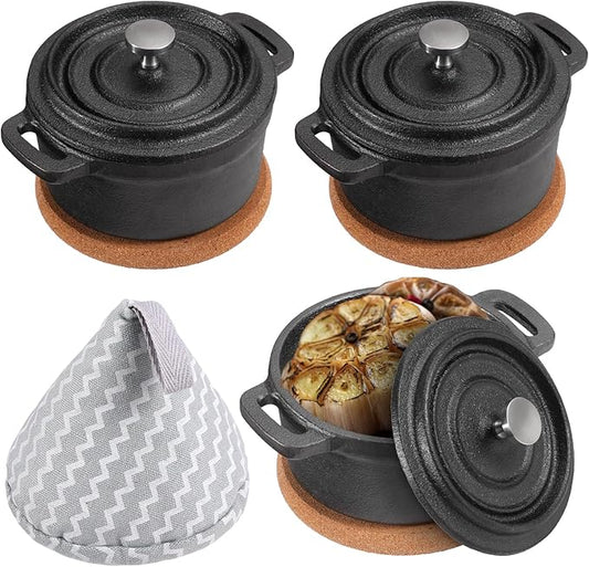 3 Pcs Mini Cast Iron Dutch Oven Set – 8 oz Garlic Roaster Cocotte Pots with Lids, Handles and Cork Pan Mats Small Cast Iron Pots for Baking, Roasting, BBQ Grill, Stovetop and Oven Use