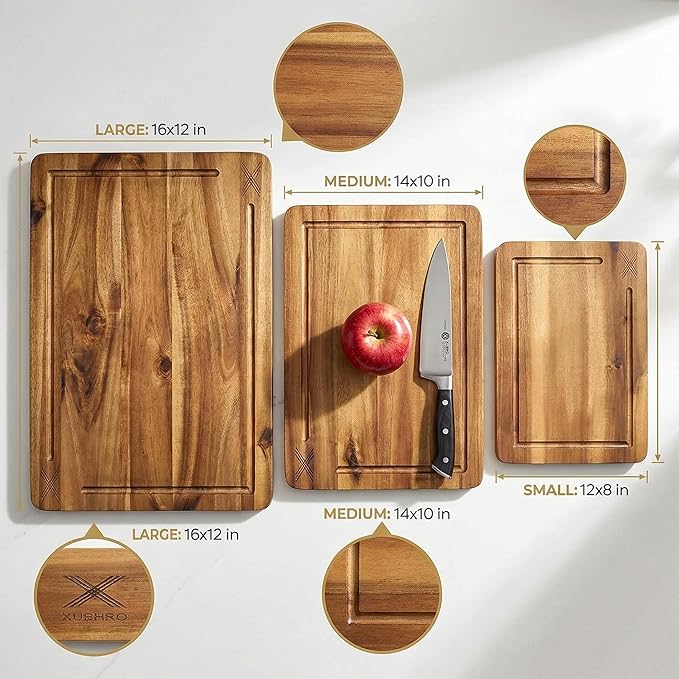 Acacia Wood Cutting Board Set of 3 with Stand - (16x12 / 14x10 / 12x8) Thick Wooden Chopping Boards with Deep Juice Grooves, Non-Slip & Durable Wooden Boards for Meat & Vegetables - Natural