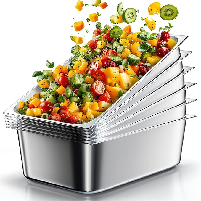 WantJoin Steam Table Hotel Pans 1/1 Full Size 6 Inch Deep 6 Pack, Stainless Steel Metal Tray Sets Food Storage Container for Restaurant Chafing Dishes Commercial Catering Supplies