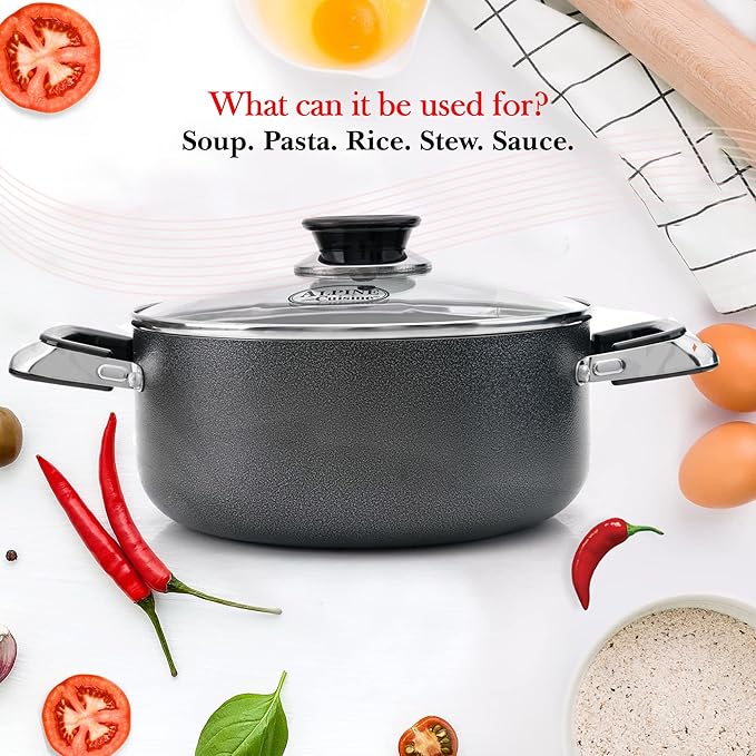 Alpine Cuisine 16 Quart Non-stick Stock Pot with Tempered Glass Lid and Carrying Handles, Multi-Purpose Cookware Aluminum Dutch Oven for Braising, Boiling, Stewing