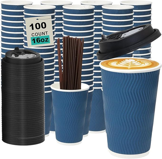 16 oz 100 Pack Corrugated Ripple Wall Disposable Coffee Cups with Lids and Straws, Heavy Duty Insulated Cups for Hot Beverage or Cold Drinks, Bulk for Restaurants, Offices, Coffee Shops(Blue)